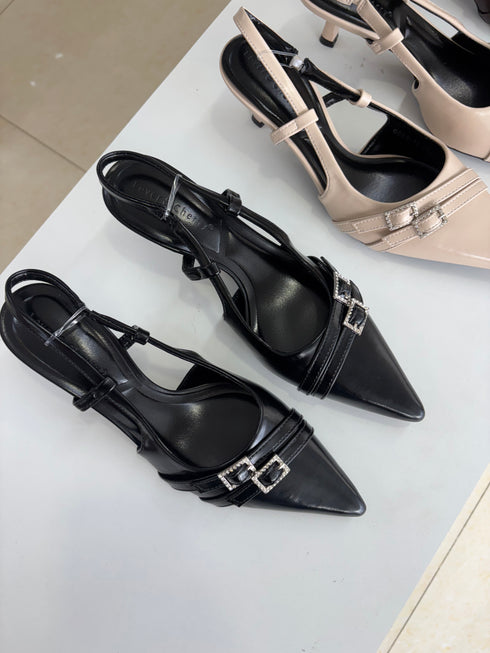 Belted Pointy Toe Slid On kitten Heels
